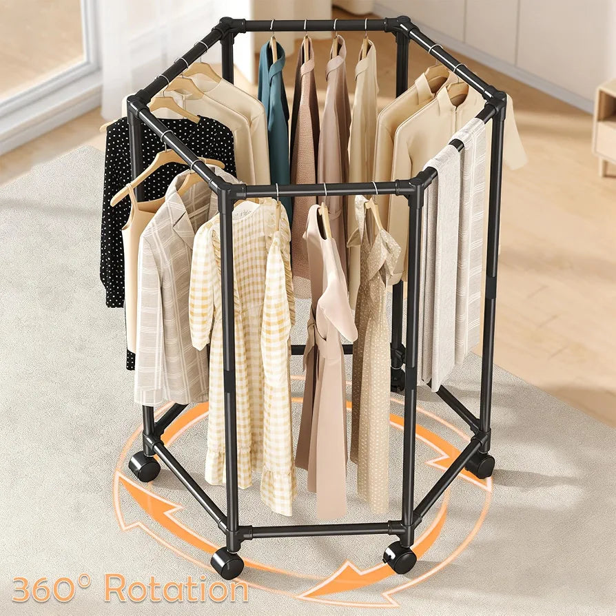Hexagon Shape Rotating Clothes Metal Stand With Wheels