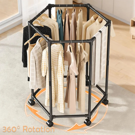 Hexagon Shape Rotating Clothes Metal Stand With Wheels