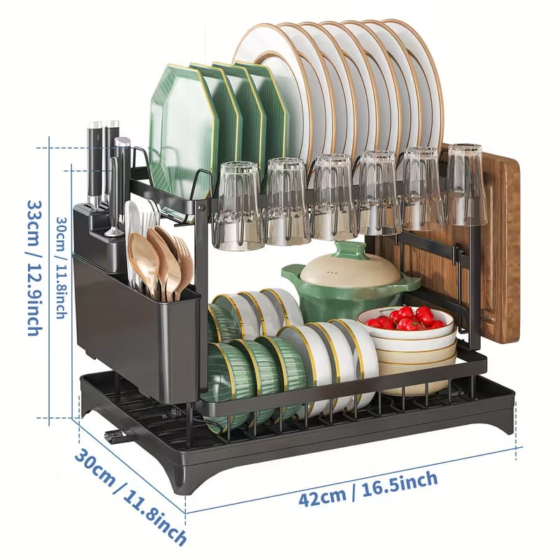2 Tier Black Dish Drainer Rack With Glass Holder Rust proof
