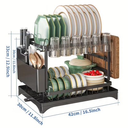 2 Tier Black Dish Drainer Rack With Glass Holder Rust proof