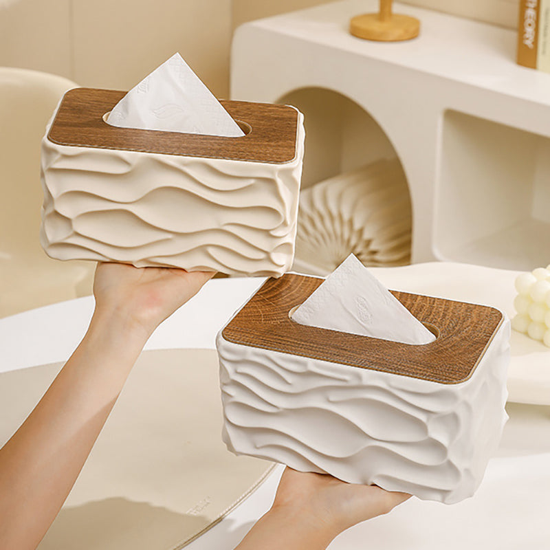 Luxury Wave Texture Tissue Box Cover with Wooden Lid – Premium Decorative Tissue Holder for Home & Office