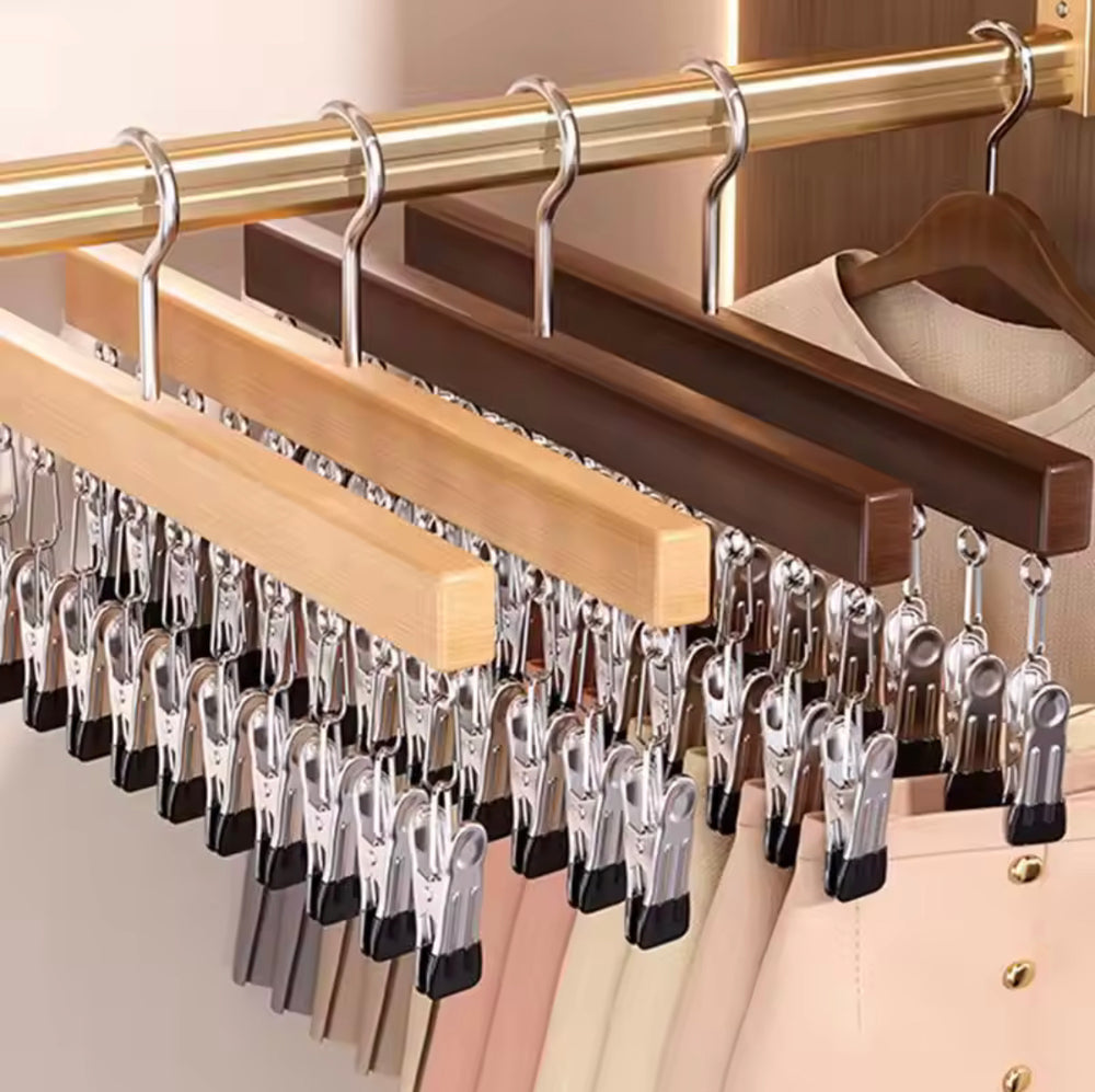12 Clips Hanging Closet Organizer, Wooden Clip Stainless Steel Hanger