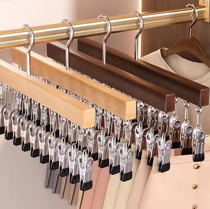 12 Clips Hanging Closet Organizer, Wooden Clip Stainless Steel Hanger
