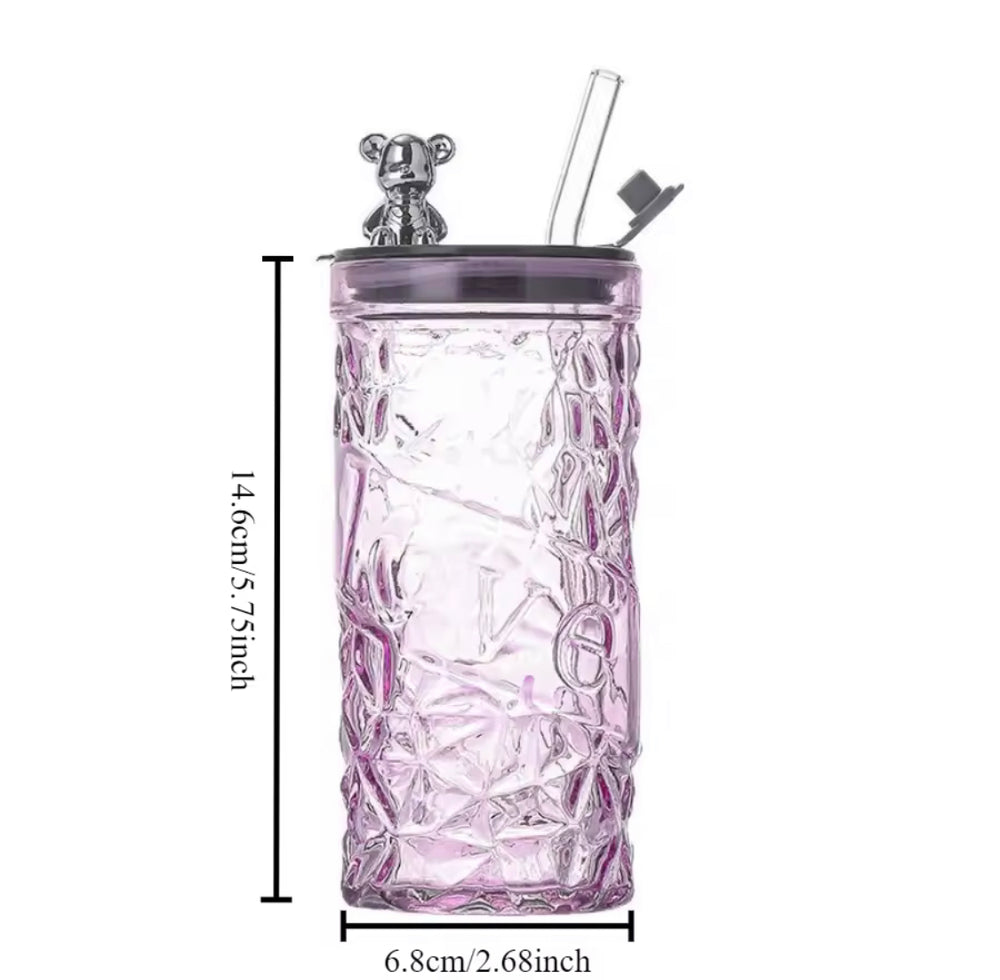 Luxury Bear Cap Transparent Glass Water Cup & Coffee Cup With Lid And Straw, European Style Vintage Milk Cup