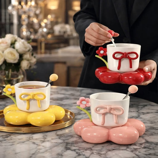 Luxury Floral Ceramic Coffee Cup with Bow Design & Decorative Stand
