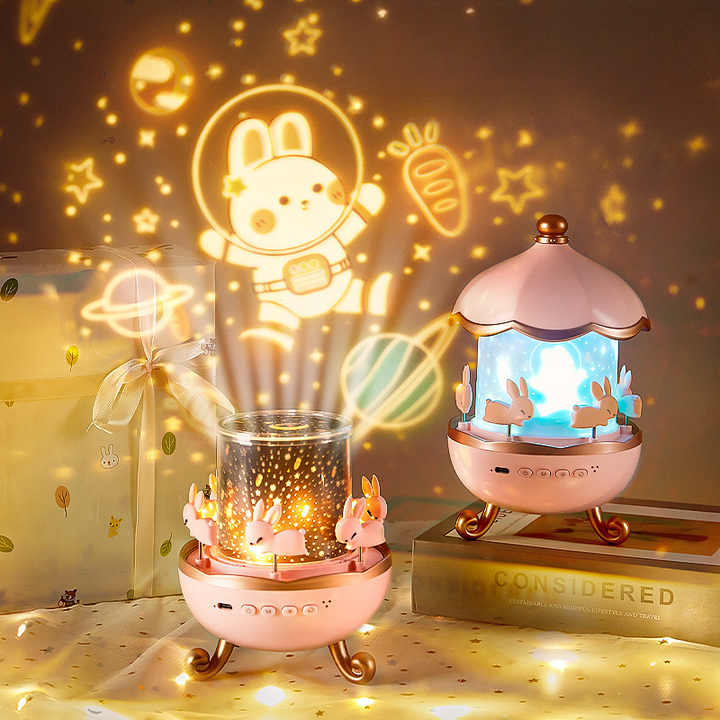 Cute Bunny Carousel Night Lamp - Rotating LED Nursery Light for Kids