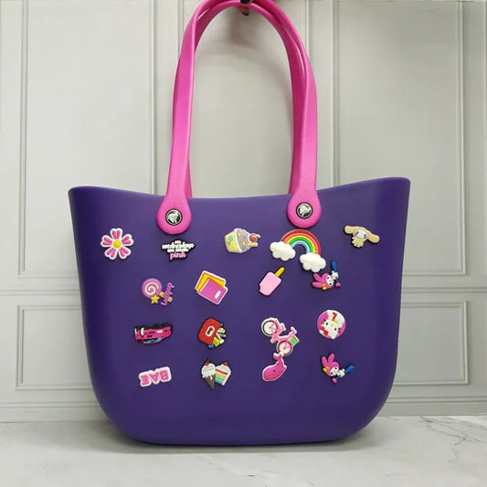 Crocs Sand Bag For Beach, Vacation Themed Bag For Travelling, Tote Handbag With Charms