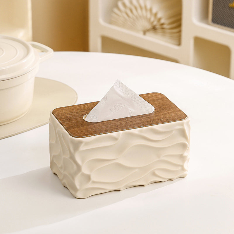 Luxury Wave Texture Tissue Box Cover with Wooden Lid – Premium Decorative Tissue Holder for Home & Office