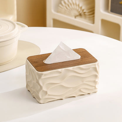 Luxury Wave Texture Tissue Box Cover with Wooden Lid – Premium Decorative Tissue Holder for Home & Office