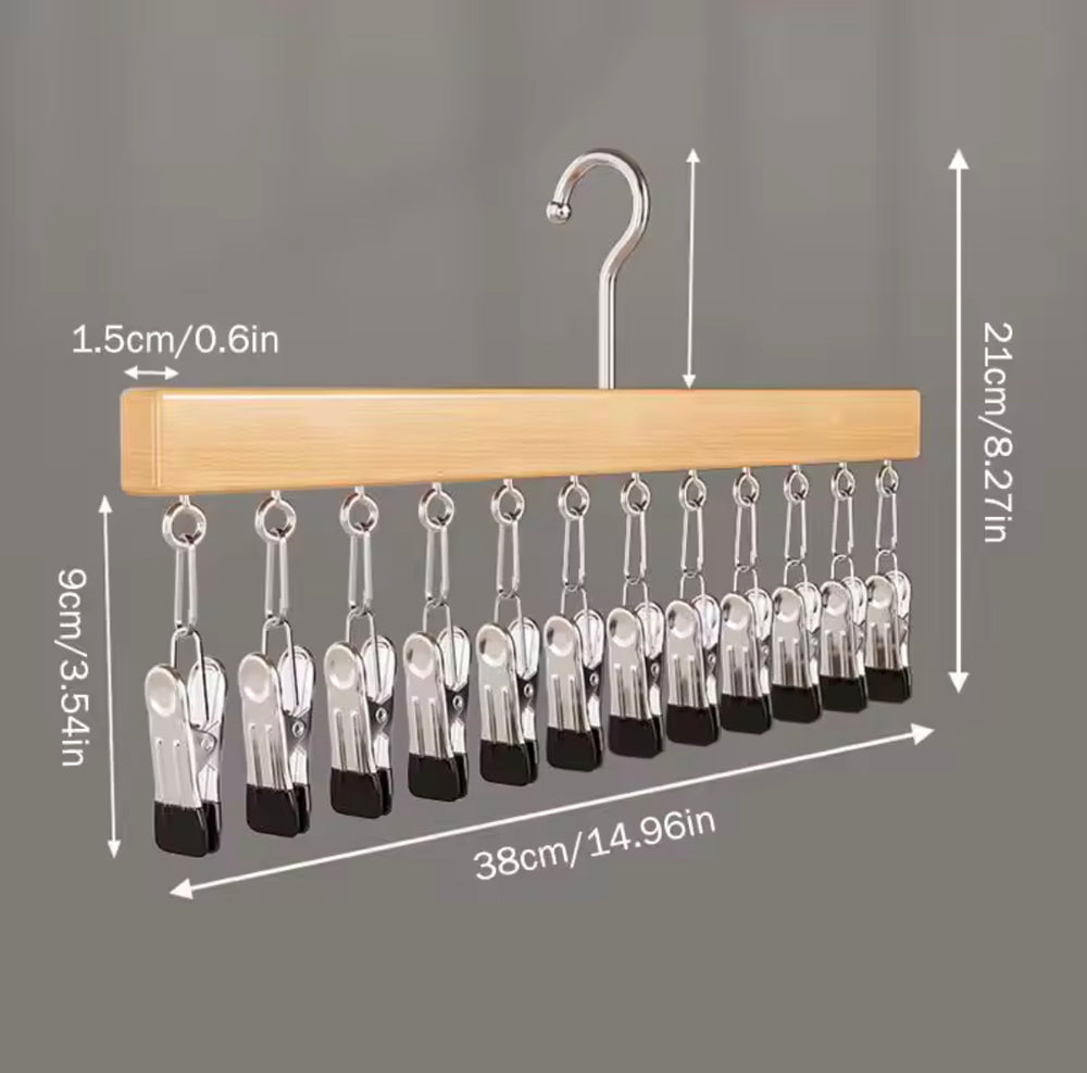 12 Clips Hanging Closet Organizer, Wooden Clip Stainless Steel Hanger