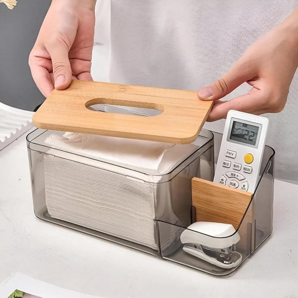 ClearView Wooden Lid Tissue Box with Dual Compartments