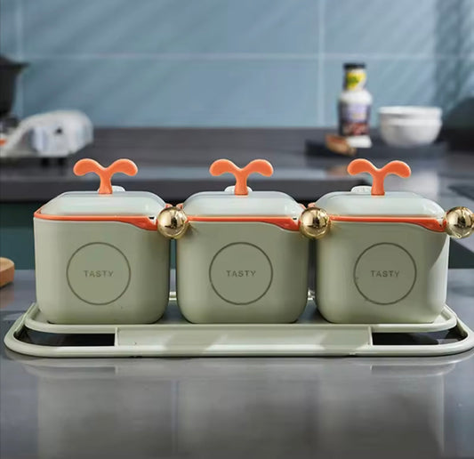 3-Piece Modern Spice Jar Set with Tray & Spoons – Airtight Containers for Kitchen Storage