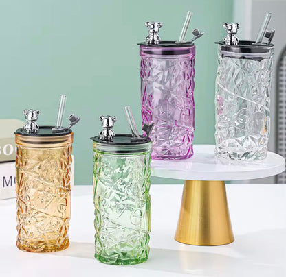 Luxury Bear Cap Transparent Glass Water Cup & Coffee Cup With Lid And Straw, European Style Vintage Milk Cup
