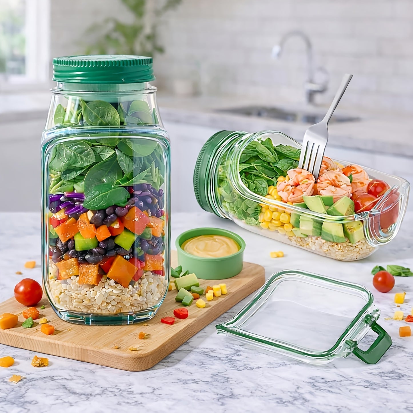 Dual-Opening Salad Jar with Built-In Sauce Cup