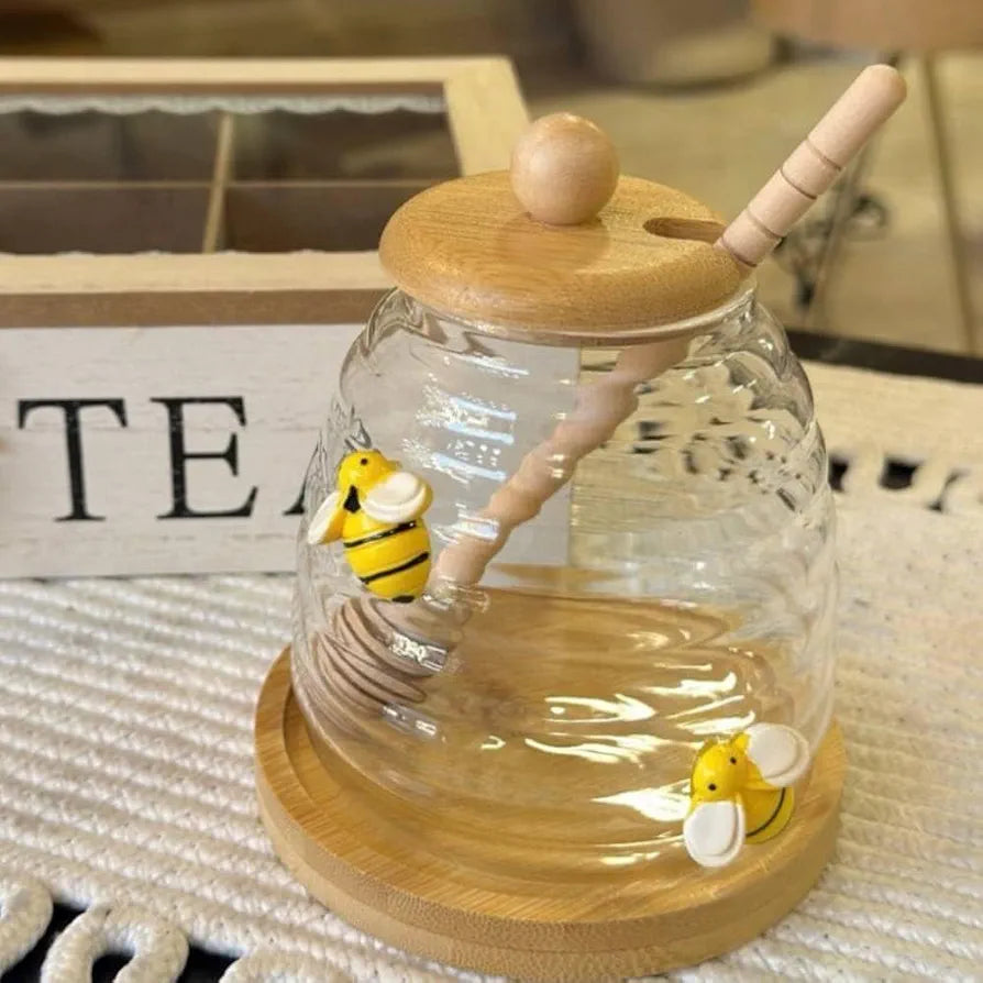 Glass Honey Pot With Spoon, Honey Jar With Wooden Lid