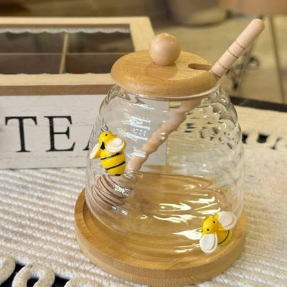 Glass Honey Pot With Spoon, Honey Jar With Wooden Lid