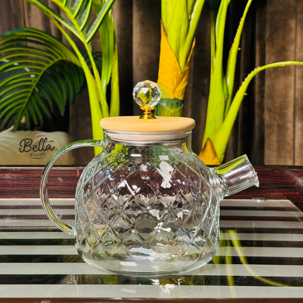 Diamond-Patterned Borosilicate Glass Teapot With Bamboo Lid And Crystal Knob