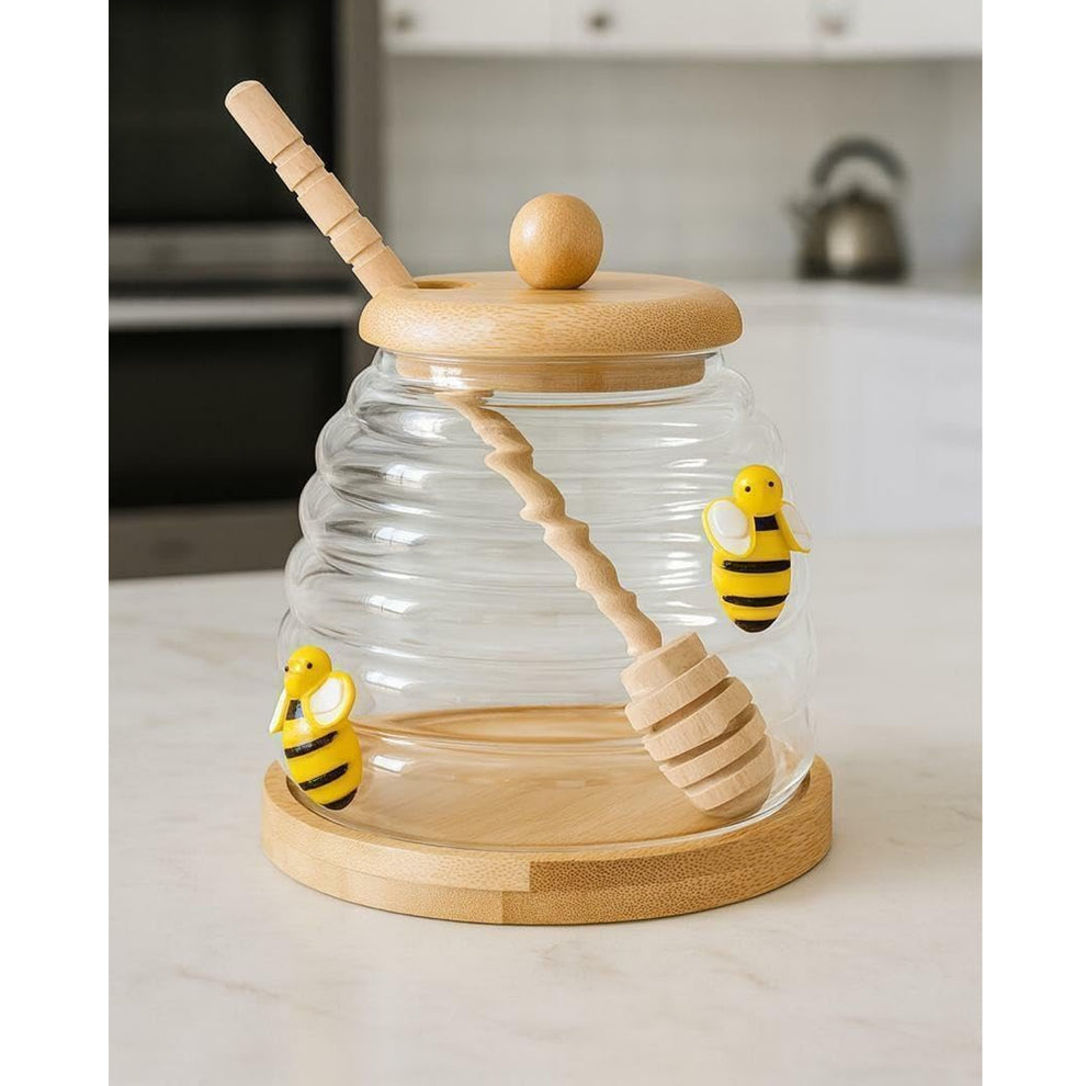 Glass Honey Pot With Spoon, Honey Jar With Wooden Lid