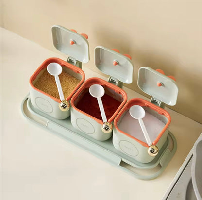 3-Piece Modern Spice Jar Set with Tray & Spoons – Airtight Containers for Kitchen Storage