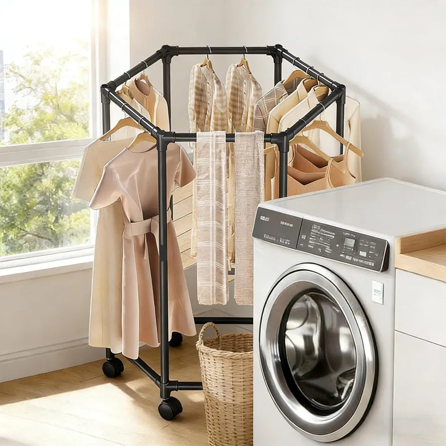 Hexagon Shape Rotating Clothes Metal Stand With Wheels