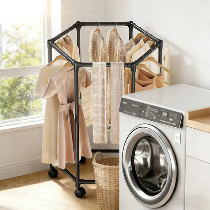 Hexagon Shape Rotating Clothes Metal Stand With Wheels