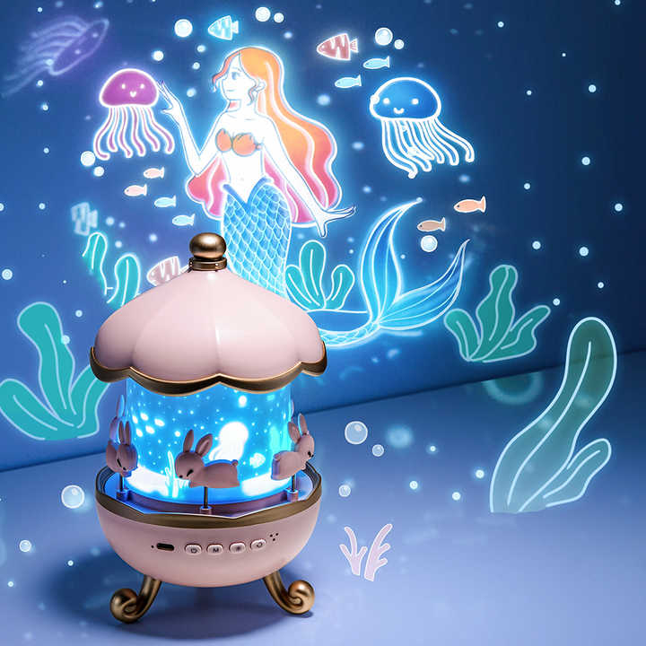 Cute Bunny Carousel Night Lamp - Rotating LED Nursery Light for Kids
