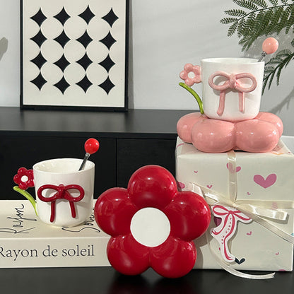Luxury Floral Ceramic Coffee Cup with Bow Design & Decorative Stand