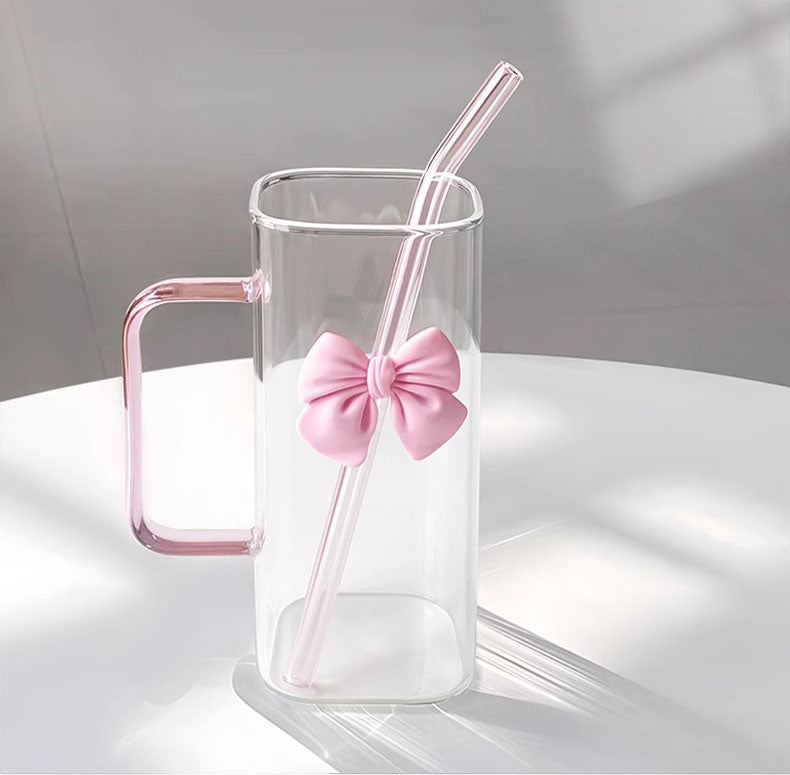 Square Glass Tumbler with Double Bows & Straw – Elegant Drinkware