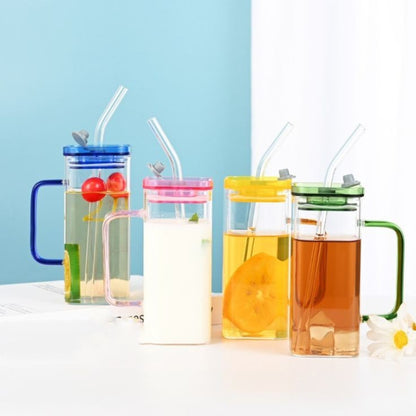 Square Glass Cup With Acrylic Lid and Straw