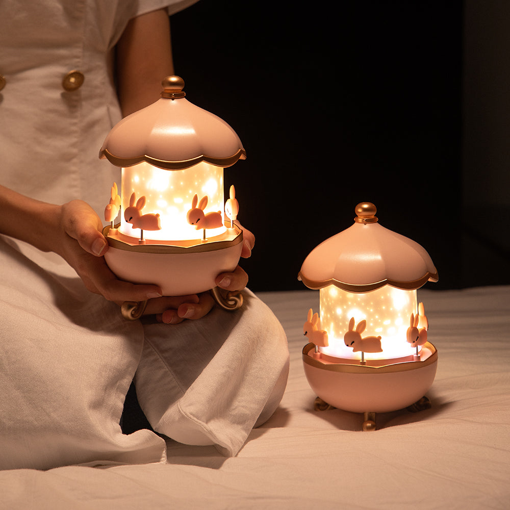 Cute Bunny Carousel Night Lamp - Rotating LED Nursery Light for Kids