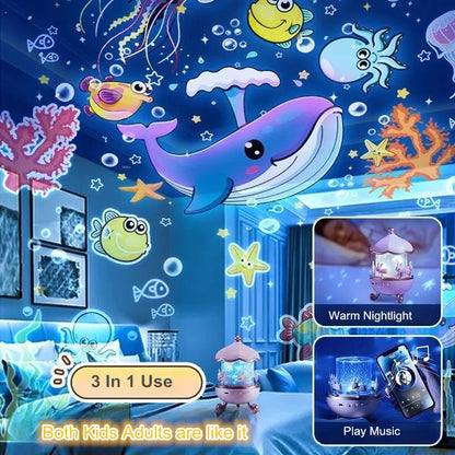 Cute Bunny Carousel Night Lamp - Rotating LED Nursery Light for Kids