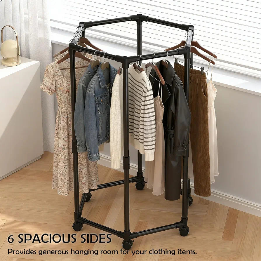 Hexagon Shape Rotating Clothes Metal Stand With Wheels