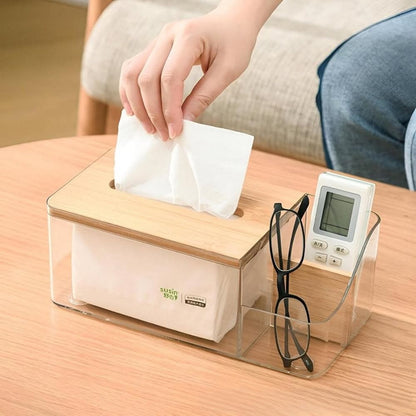 ClearView Wooden Lid Tissue Box with Dual Compartments