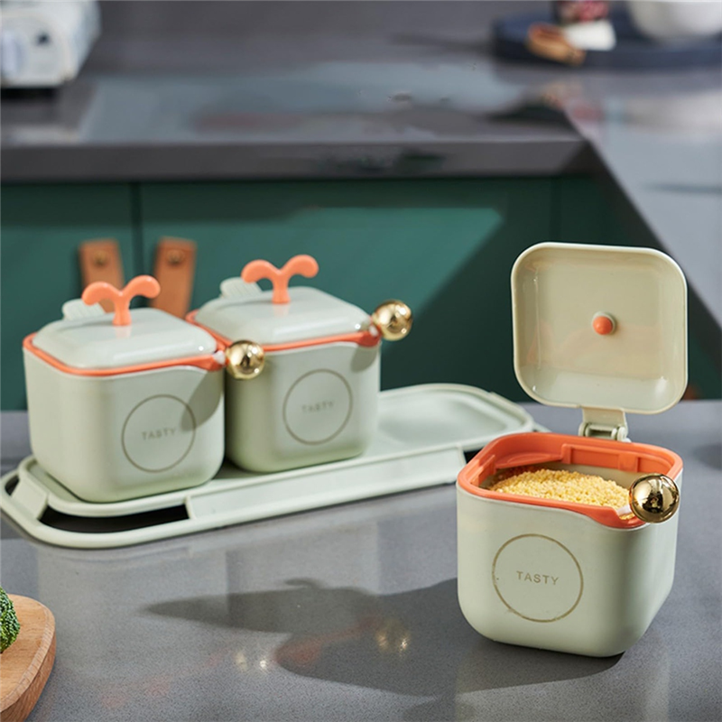 3-Piece Modern Spice Jar Set with Tray & Spoons – Airtight Containers for Kitchen Storage