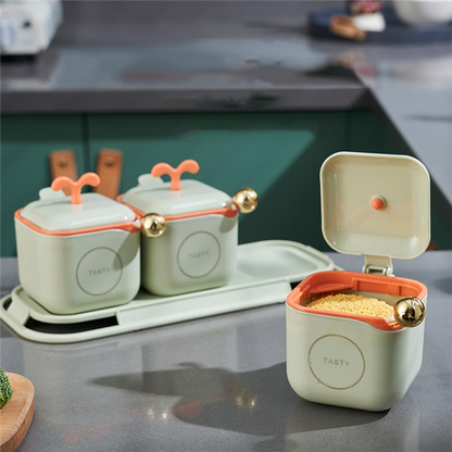 3-Piece Modern Spice Jar Set with Tray & Spoons – Airtight Containers for Kitchen Storage