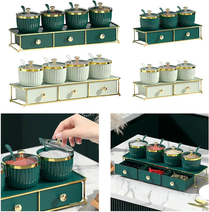 Luxury Spice Set Double Tier Kitchen Organizer with Golden Metal Stand