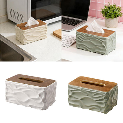 Luxury Wave Texture Tissue Box Cover with Wooden Lid – Premium Decorative Tissue Holder for Home & Office