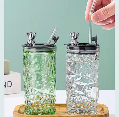 Luxury Bear Cap Transparent Glass Water Cup & Coffee Cup With Lid And Straw, European Style Vintage Milk Cup