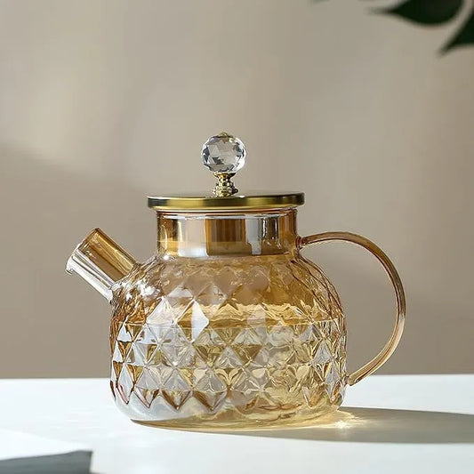 Diamond-Patterned Borosilicate Glass Teapot With Bamboo Lid And Crystal Knob