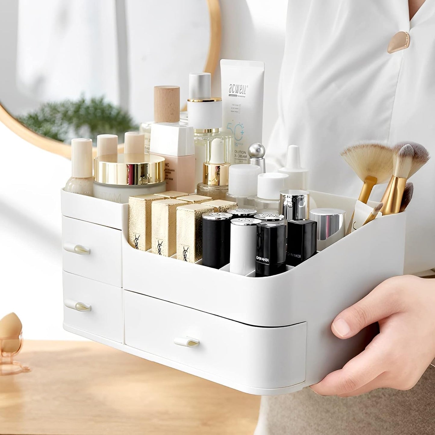 Luxury Desktop Cosmetic Box Multiple Drawers & Lipstick Slots Organize Vanity.