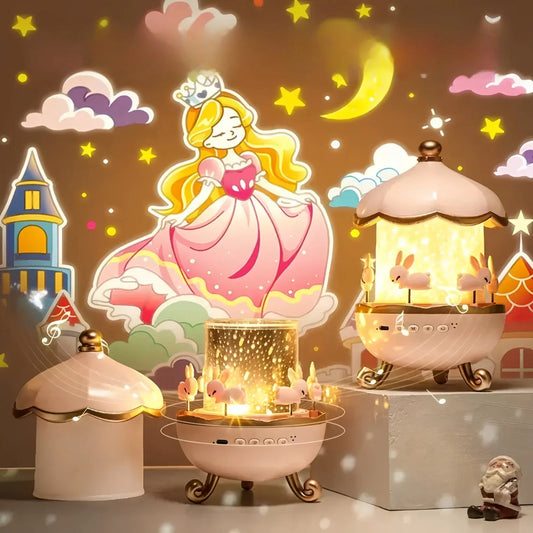 Cute Bunny Carousel Night Lamp - Rotating LED Nursery Light for Kids