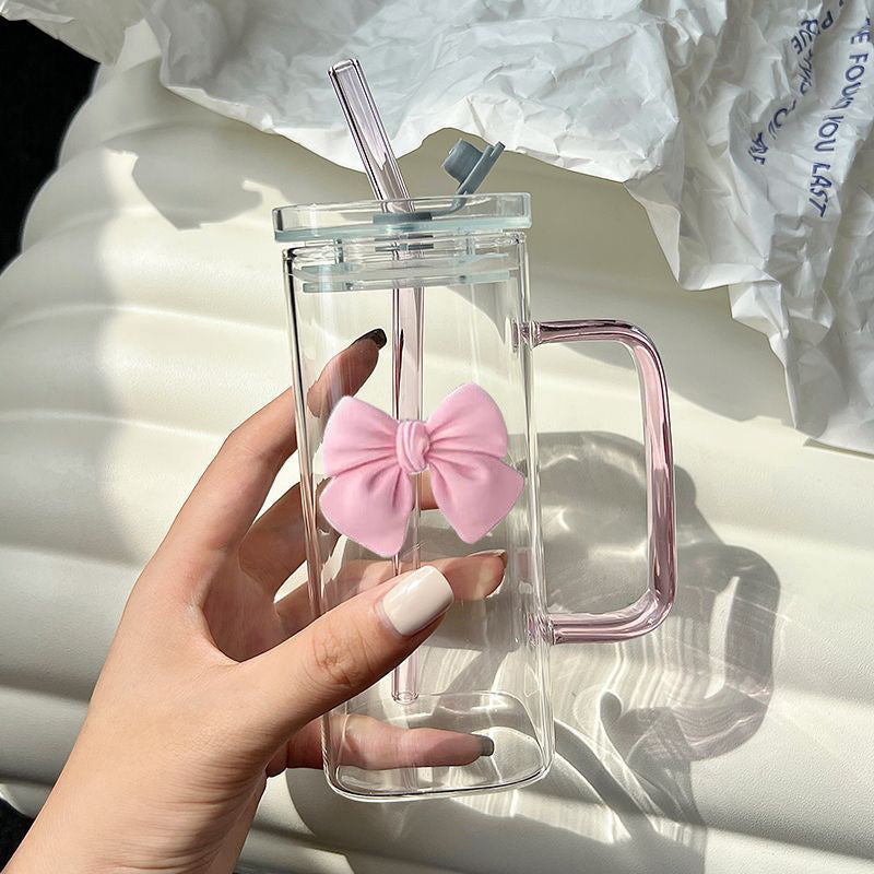 Square Glass Tumbler with Double Bows & Straw – Elegant Drinkware