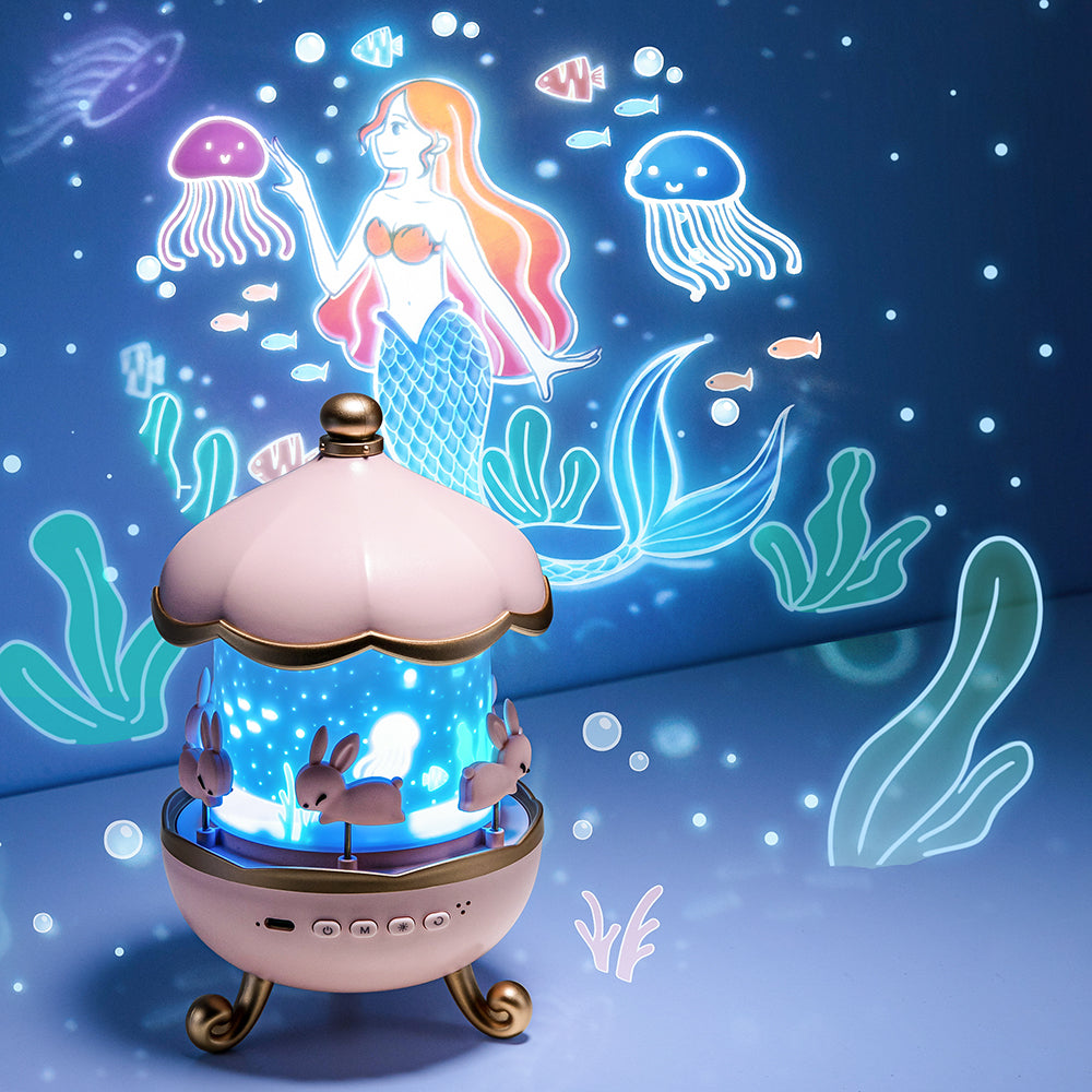Cute Bunny Carousel Night Lamp - Rotating LED Nursery Light for Kids