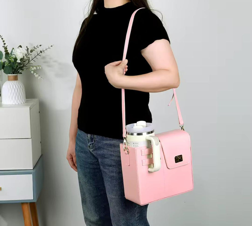 Multipurpose Leather Crossbody Bag With Tumbler Holder