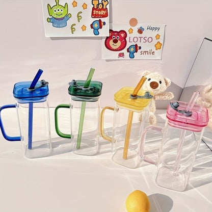 Square Glass Cup With Acrylic Lid and Straw