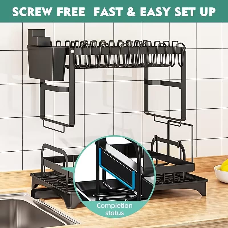 2 Tier Black Dish Drainer Rack With Glass Holder Rust proof
