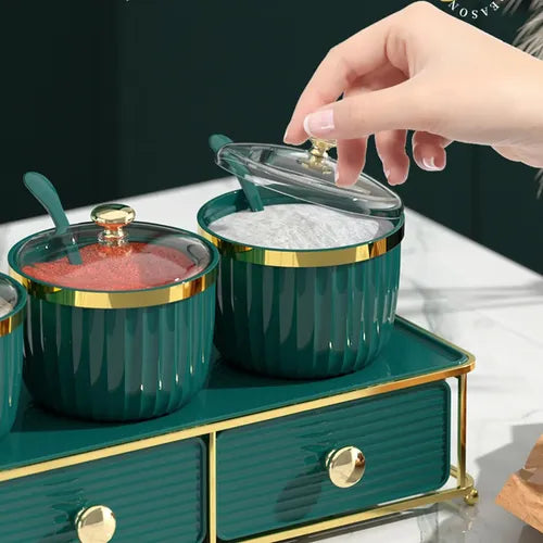 Luxury Spice Set Double Tier Kitchen Organizer with Golden Metal Stand