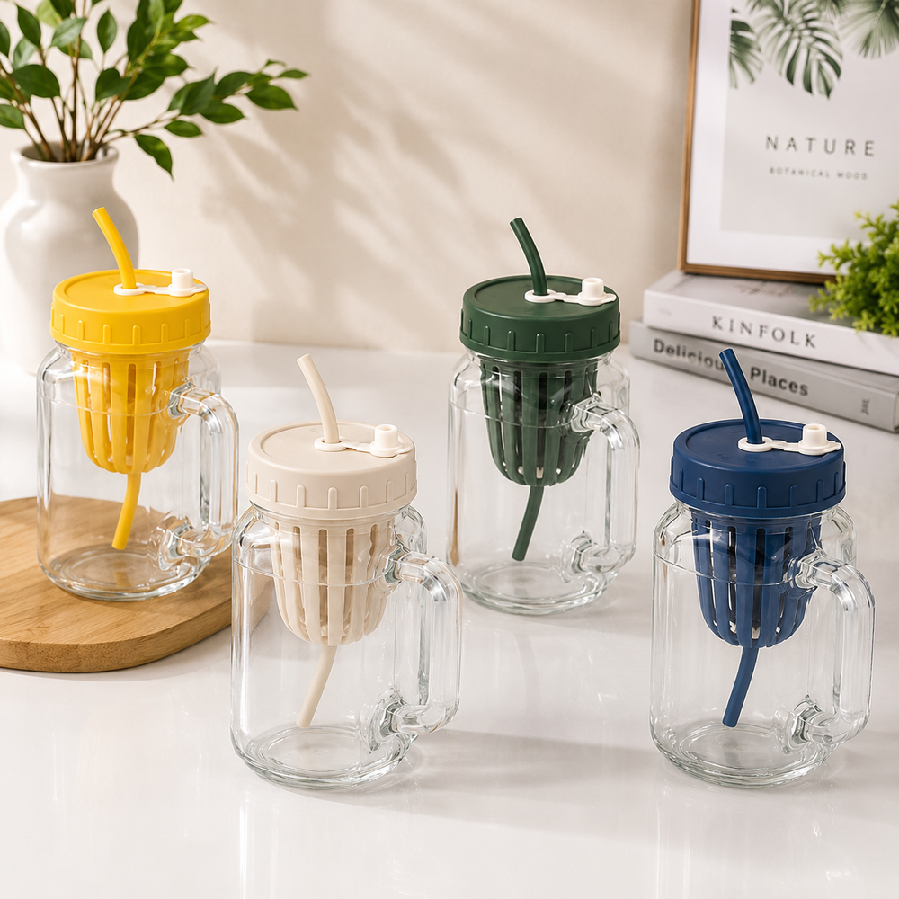 500ml Glass Sipper with Infuser, Leakproof Glass Infuser Mug with Straw