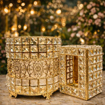 Floral Crystal Print Round Nug Bin & Tissue Box – Gold (Random Design)