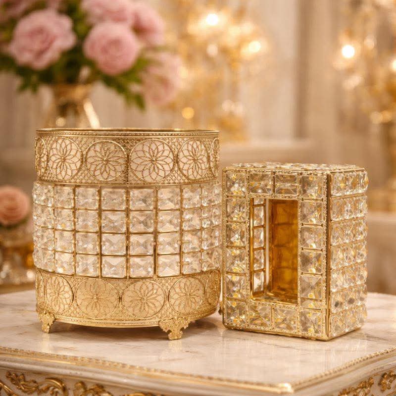 Floral Crystal Print Round Nug Bin & Tissue Box – Gold (Random Design)